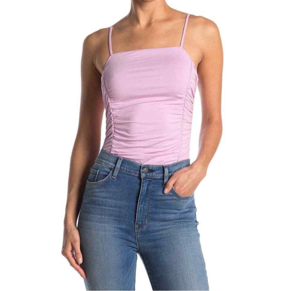 Maisie Tara Side Ruched Bodysuit Large L Square Neck Sleeveless Swimsuit Lilac